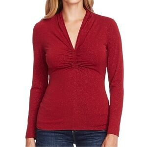 Red Vince Camuto Long Sleeve Ruched Sparkle Top Size XS